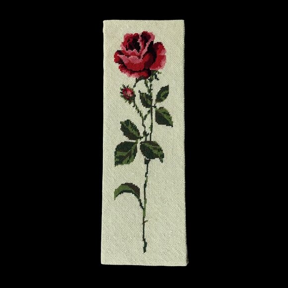Vintage Needlepoint Rose Wall Art Panel Green Red Pink Flower Handmade Decor - Picture 2 of 8